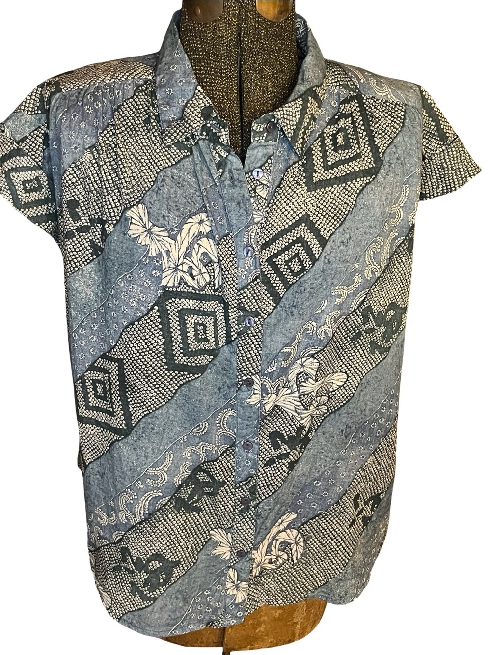 Maison Hotel Ayako Shirt Shikoku Indigo Blue Floral Cotton Voile Blouse Size S - Picture 5 of 14